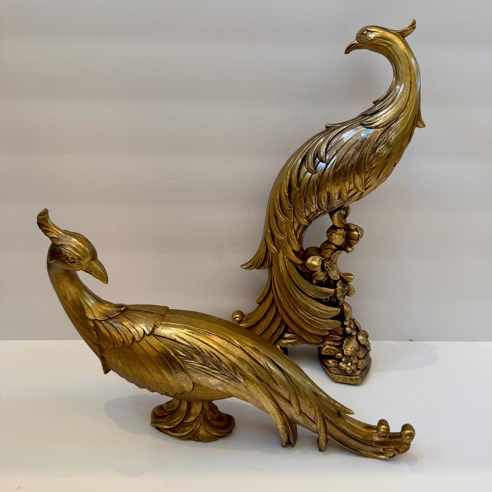 1960s Pair SYROCO Hollywood Regency MCM Gilded Gold Peacock Pheasant Sculptures